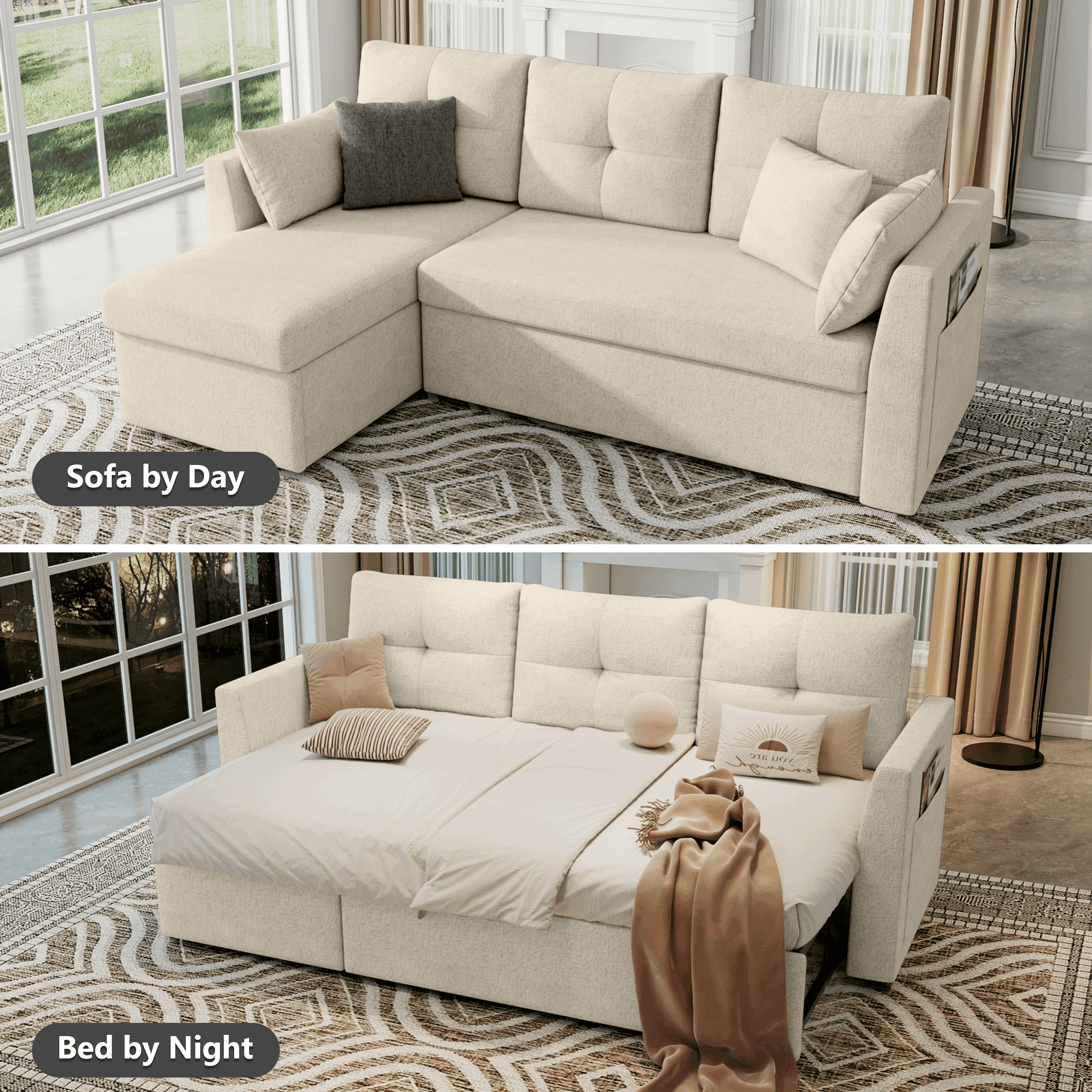 Mangodan Sectional Sleeper Sofa Couch, 2 in 1 Pullout Couch  Sleeper Sofa Bed with Storage Chaise, Side Pocket, Beige