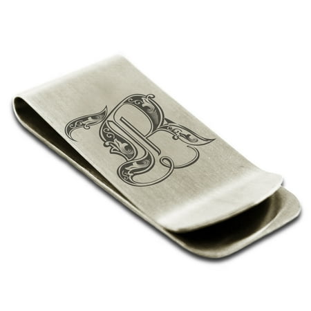 Stainless Steel Letter R Initial Royal Monogram Engraved Engraved Money Clip Credit Card
