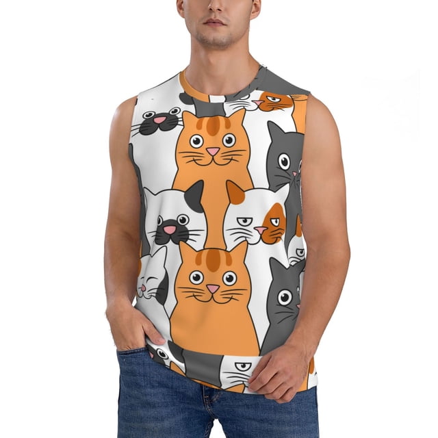 Fotbe Funny Cats Men's Camiseta sin Mangas Estampada para Hombres, Playera Casual para Gimnasio, Entrenamiento, Playa-Medium