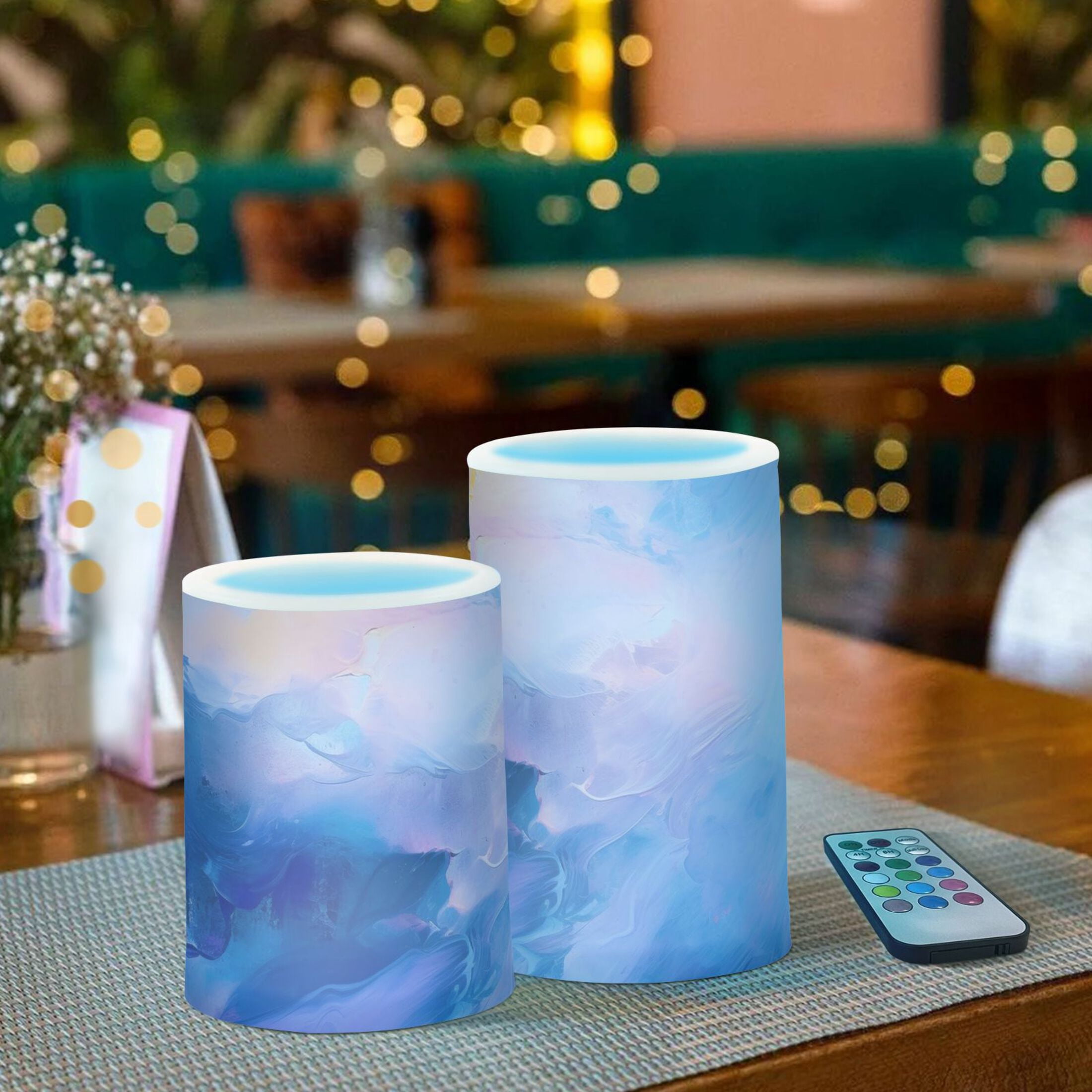 Azure Blue Marble Flameless Candles with Remote Timer LED Battery Operated Flickering Candle Light for Festival Wedding Home Party