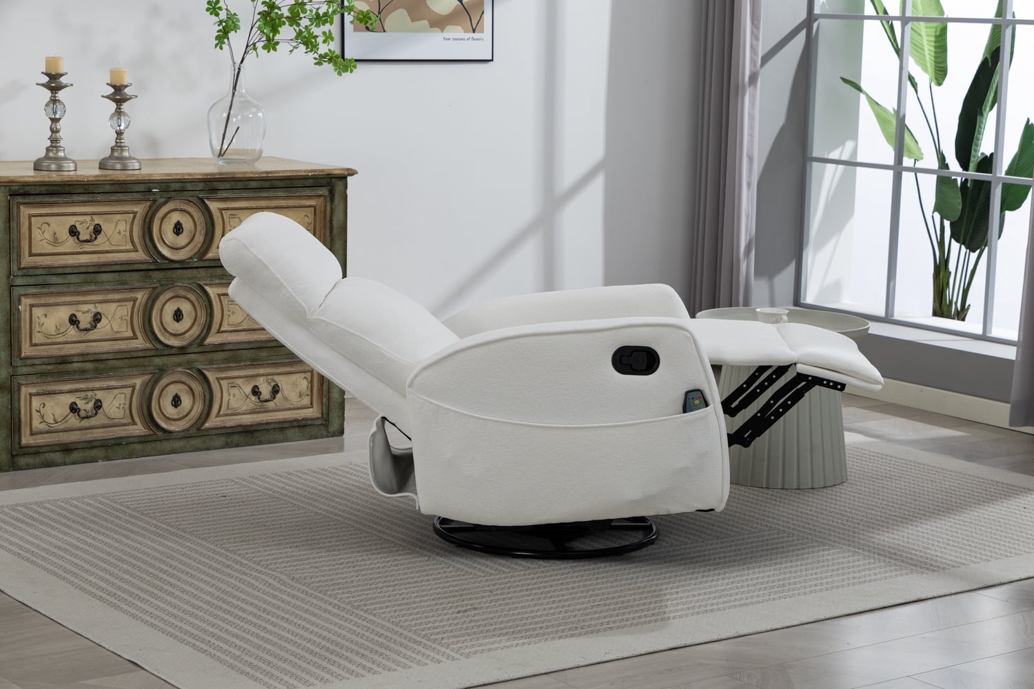 Leumius Glider Recliner Rocking Chair,360°Swivel Glider Rocking Chair,Upholstered Manual Recliner Chair for Nursery and Living Room,Cream White