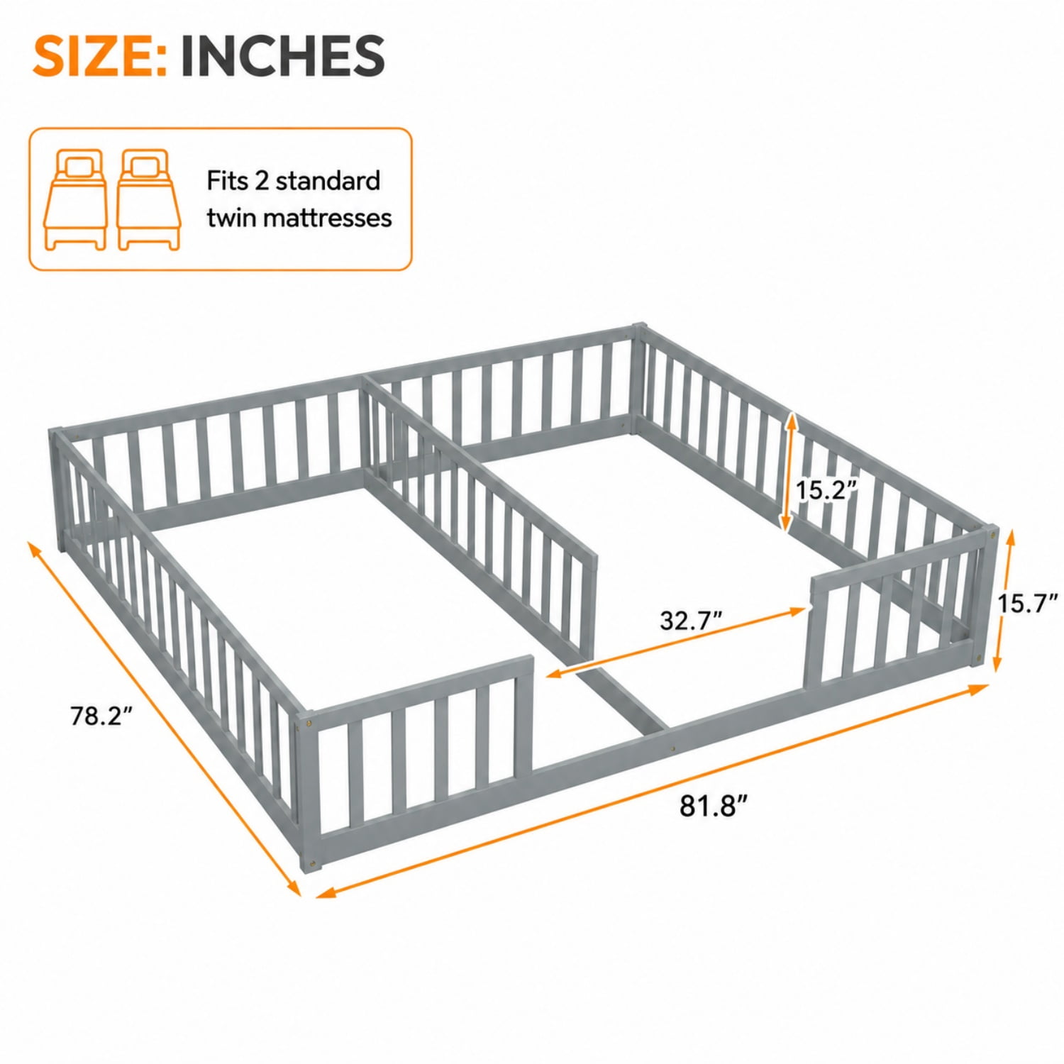 Miniyam Double Twin Floor Bed for Kids, Wood Bed Frame with Guardrails, Low Profile Design, Gray