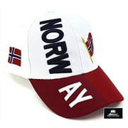High End Hats ?Nations of Europe Hat Collection? 3D Embroidered Adjustable Baseball Cap, Norway with Flag, White