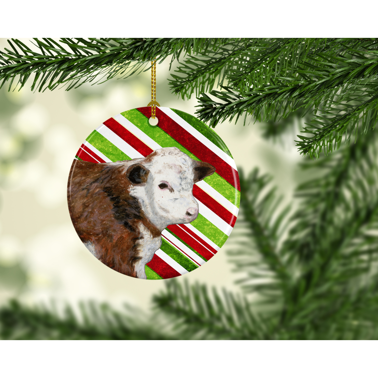 Baby Calf Candy Cane Holiday Christmas Ceramic Ornament