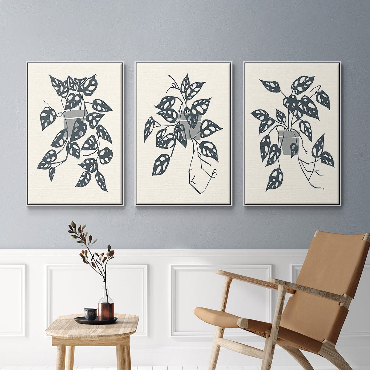 Growing Leaves I - Framed Premium Gallery Wrapped Canvas L Frame 3 Piece Set - Ready to Hang
