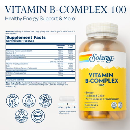 ソラレー ビタミンBコンプレックス 100mg ベジタブルカプセル 250粒 Solaray Vitamin B-Complex 100 VegetableCapsule ビタミンB群