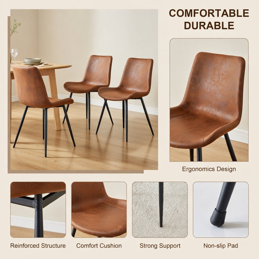 Hommoo 6-Pack Suede Dining Chairs with Black Metal Legs, Curved Wide Seat Cushion, Non-Slip Floor Protection, Easy 10-Min Assembly, Modern Restaurant, Kitchen & Home Office Seating, Brown