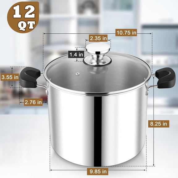 12 Quart 3-Ply Stainless Steel Stock Pot with Glass Lid for Multi-Stove Cooking