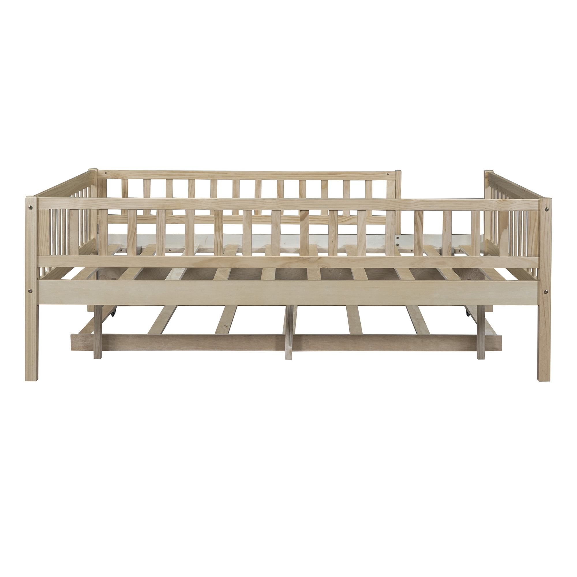 Full Size Wood Daybed with Trundle and Fence Guardrails, Natural