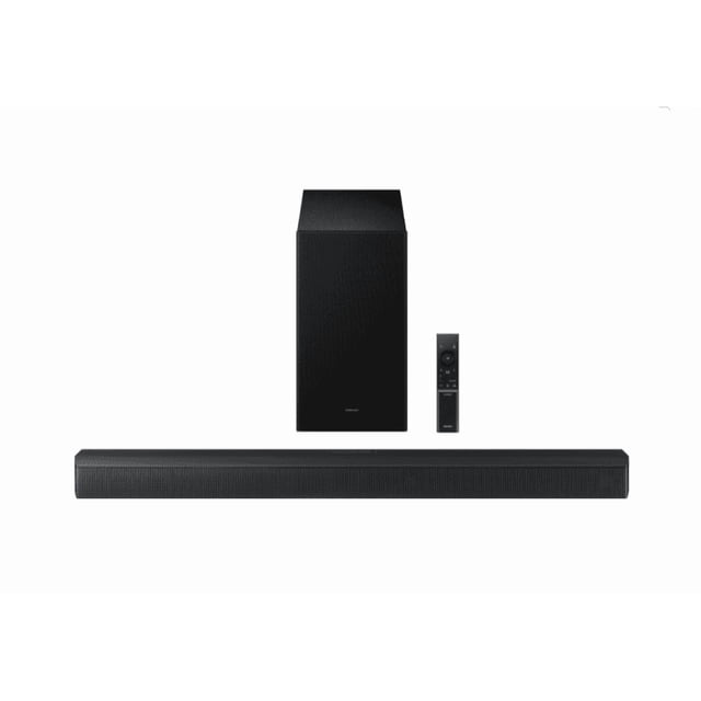Samsung HW-B630F/ZC 3.1ch Soundbar with Subwoofer - 2025 (Factory Refurbished). The image shows a sleek black soundbar, a matching subwoofer, and a remote control. This 3.1 channel soundbar delivers 370W of powerful audio with a built-in center speaker for clear dialogue and a subwoofer with Bass Boost for deep bass. Factory refurbished with a 90-day warranty.