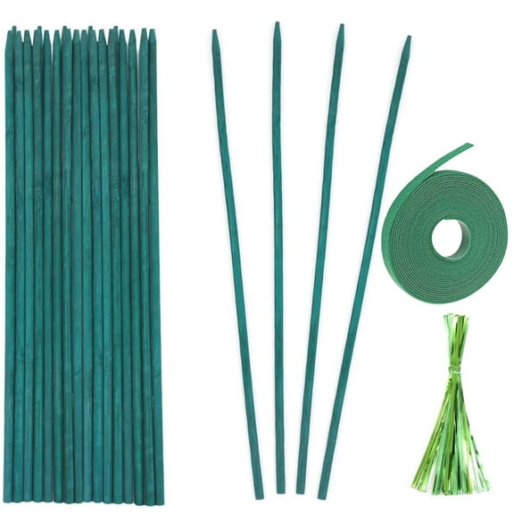 Plant Stakes Bamboo Sticks,Green Plant Support Sticks with Tape and Garden Ties,50 Pcs Sturdy Bamboo Stakes,Floral Support for Indoor and Outdoor Plants Vegetables,Wooden Flower Pot Garde Stakes,15 in