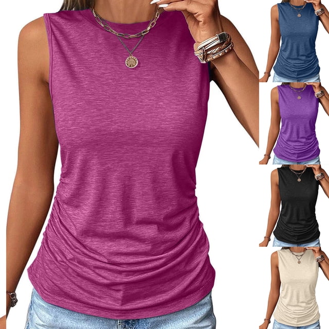 JDQJBZ Womens Plus Size Tank Tops Solid Color Round Neck Sleeveless Loose Fit Summer Top