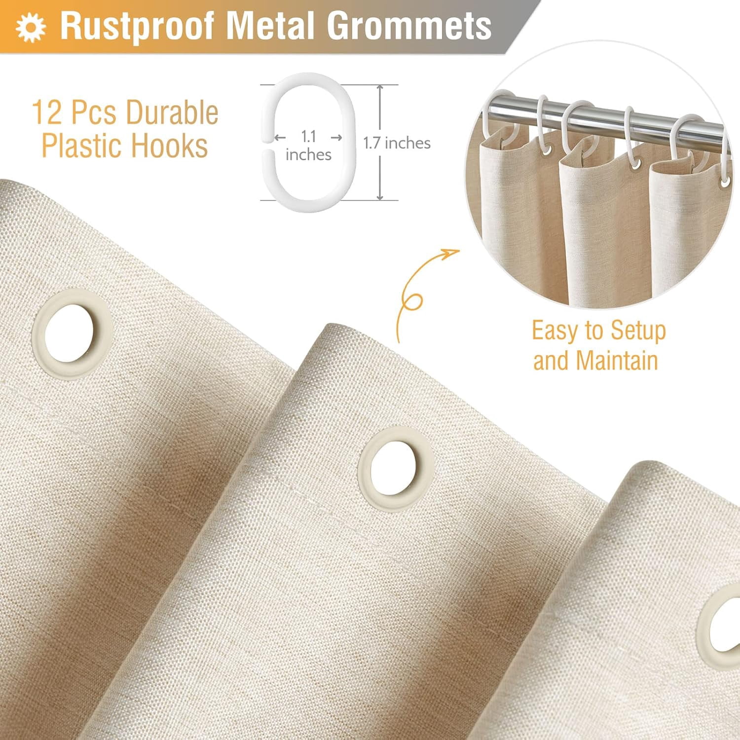 Zrodlmo Linen Textured Cloth Shower Curtain with hooks,Water-Repellent Washable Bathroom Curtain, 72" x 72", Khaki
