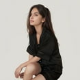 thumbnail image 7 of Women's Satin Pajama Set with Lace Trim Short Sleeve Button Top and Elastic Waist Shorts - Large, Black, 7 of 7