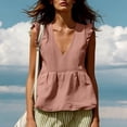 thumbnail image 3 of TGSLY Women's Linen Deep V-Neck Tank Tops Dressy Casual Ruffle Detail Solid Color Sleeveless Vest Lightweight Soft Elastic Waist Tshirts L, 3 of 7