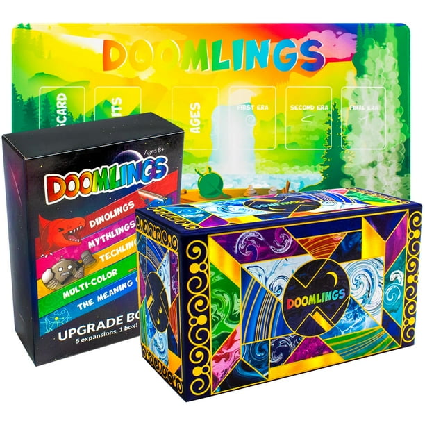 Paquete Doomlings Deluxe: divertido juego de cartas familiar para adultos, adolescentes y niños a partir de 10 años, incluye tapete de juego, 5 expansiones y 3 holofoils misteriosos