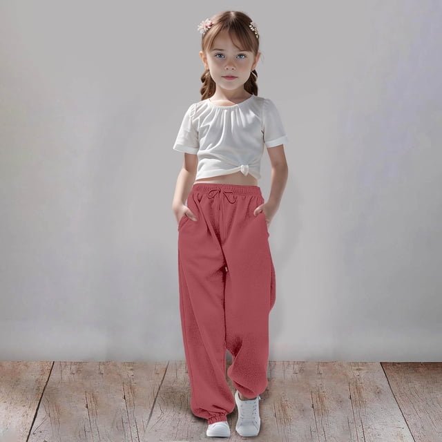 PMVFHDE Kids Pants Medium And Large Children Casual Girls Solid Color Drawstring Sweatpants,RD2,7-8 Years