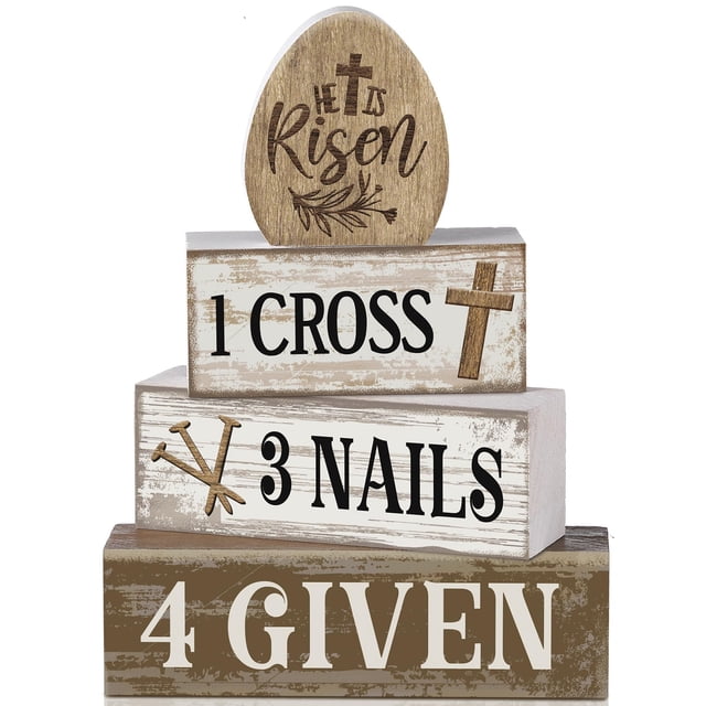 Decoración de mesa de Pascua con sombreado de líneas «He Is Risen», madera, 4 unidades