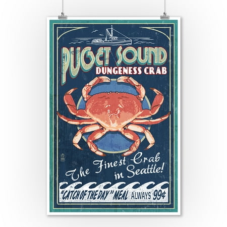 Puget Sound, Washington - Dungeness Crab Vintage Sign - Lantern Press Artwork (9x12 Art Print, Wall Decor Travel