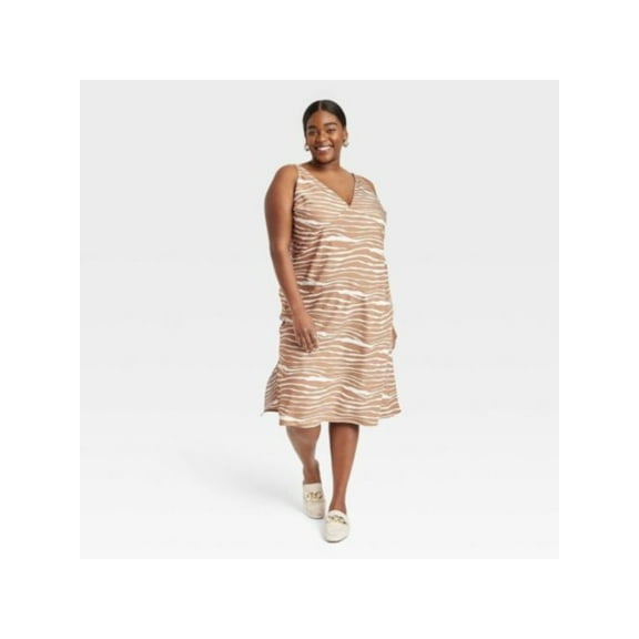 RACHEL RACHEL ROY Womens Beige Stretch Gathered Draped Front Overlap Skirt Printed Sleeveless Surplice Neckline Midi Party Faux Wrap Dress S