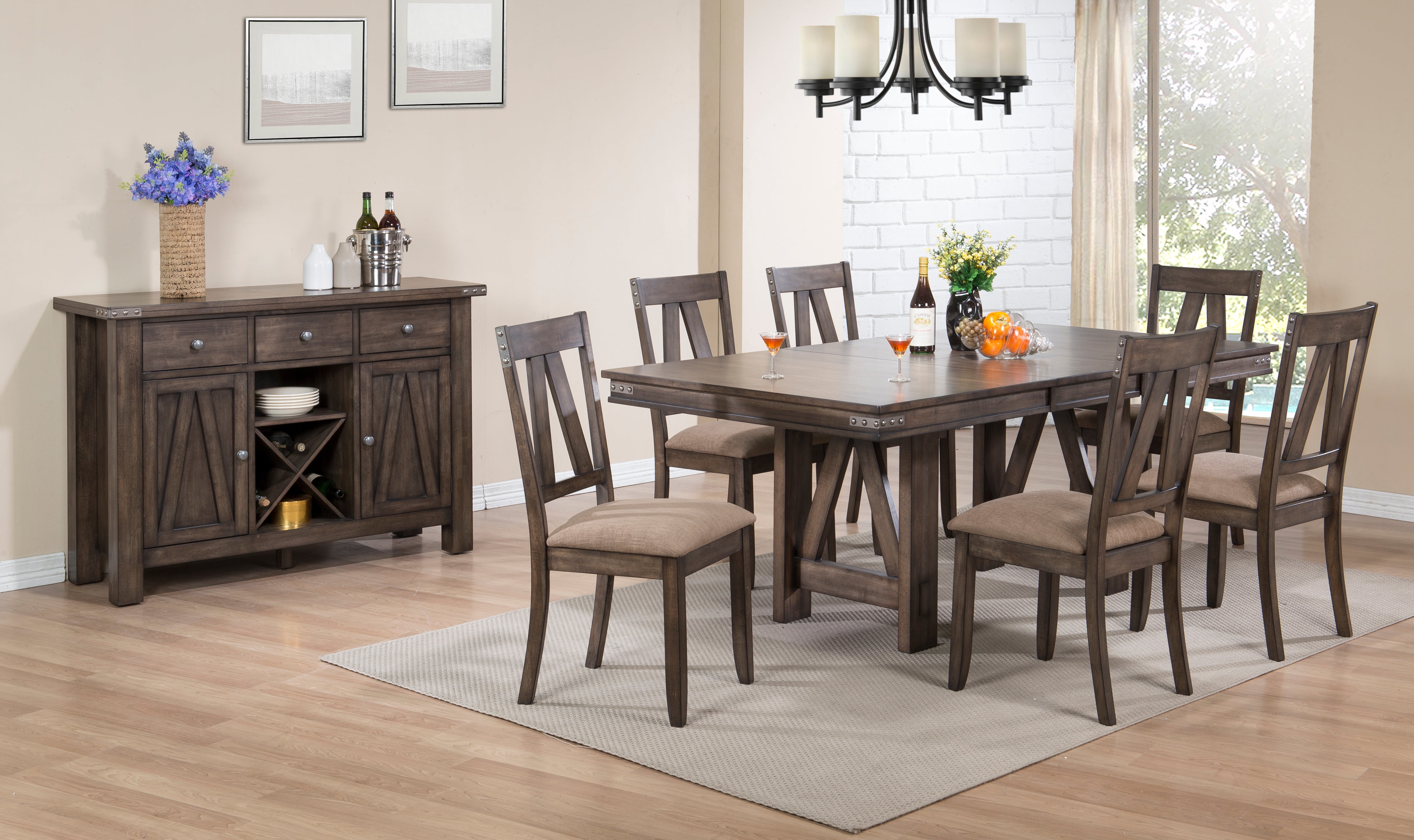 Oslo 8 Piece Extendable Dining Set, Brown Wood (Table, 6 Chairs, Server