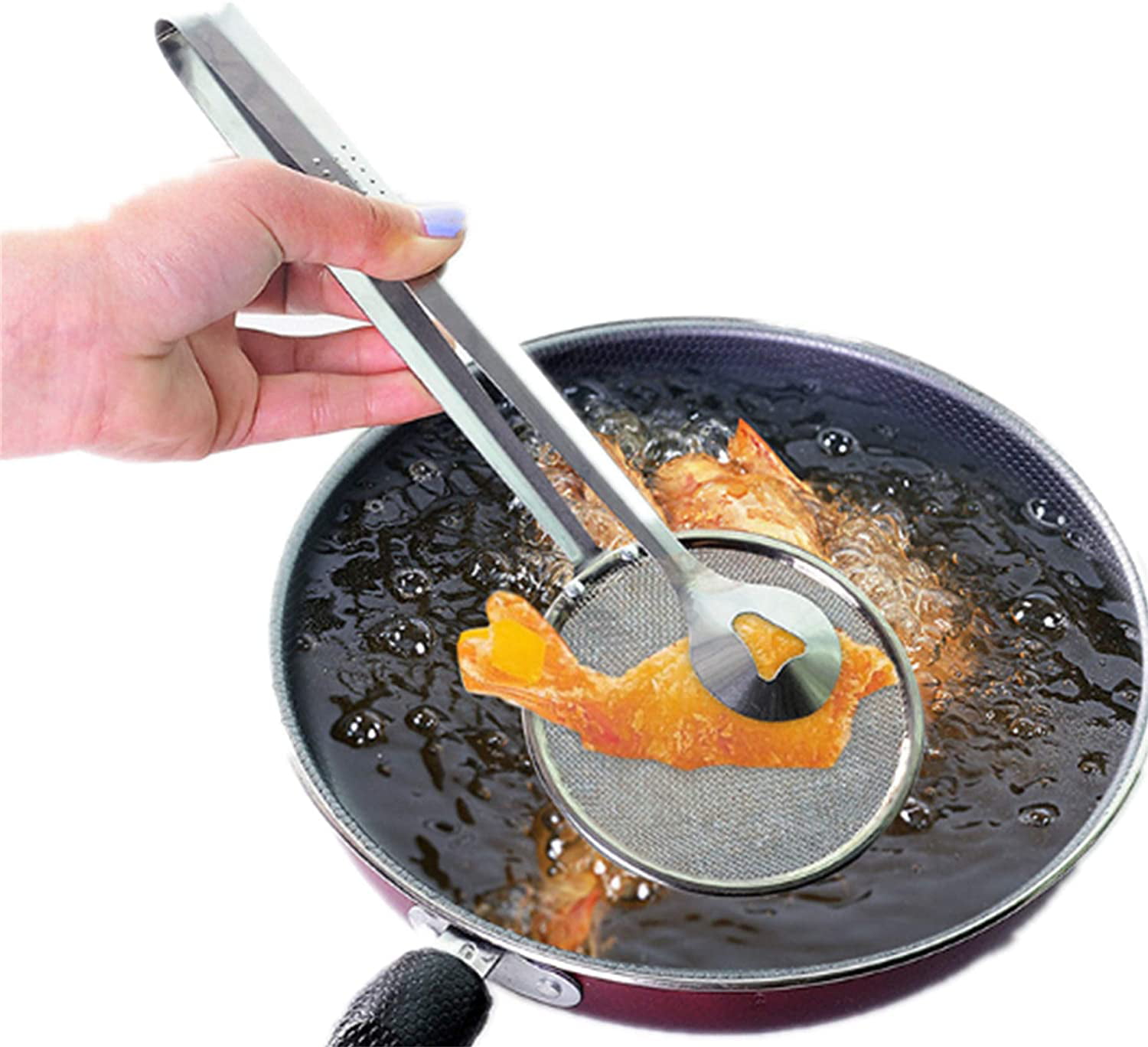 Salad BBQ Multi-Functional Kitchen Tool JKKJ Oil-Frying Filter Spoon With Clip，2 in 1 Stainless Steel Mesh Strainer Filter Spoon Ladle Colander Clip Skimmer for Fried Food 