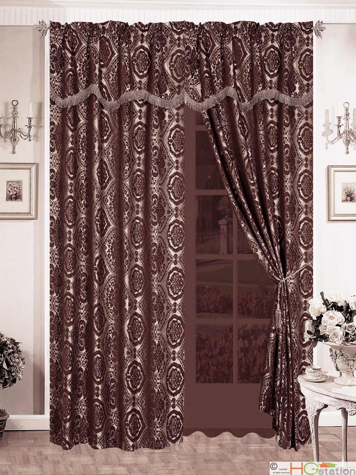 4Pc Quality Chenille Floral Damask Flocking Curtain Set Brown Gold Taupe Valance 