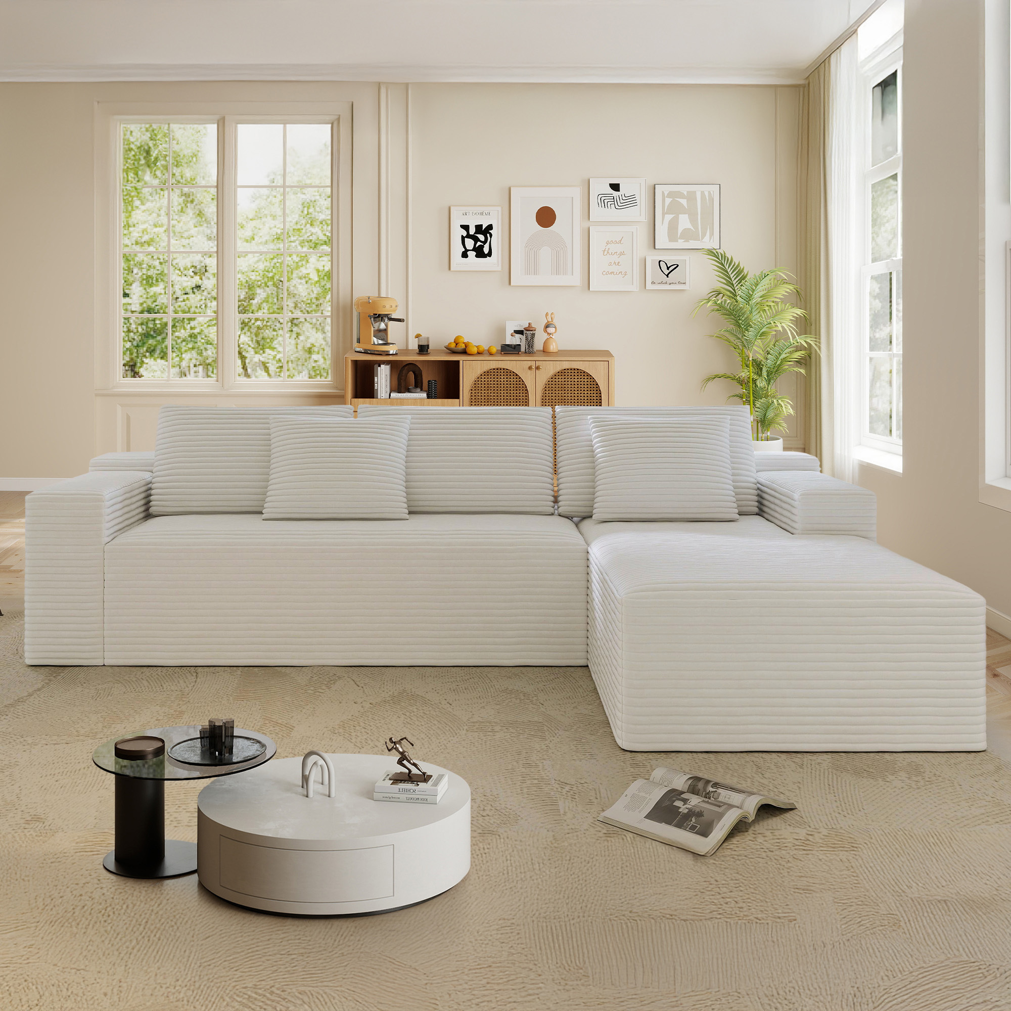 Lunale 104" Cloud Sectional Sofa with Right Chaise, Oversized Modular L-Shaped Couch, Plush Corduroy Sleeper Couch for Living Room, No Assembly Required, Beige