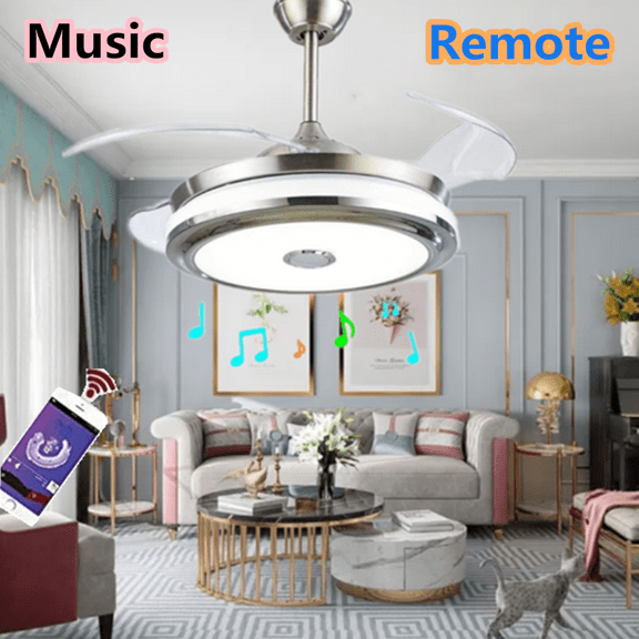 EASYG 42'' Modern Retractable Ceiling Fans with Smart Bluetooth Music Player Chandelier 3 Colors Invisible Blades with Remote Control