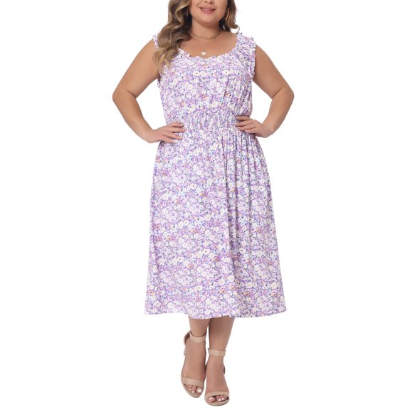 Agnes Orinda Women's Plus Size Square Neck Sleeveless Floral Flowy Stretchy Waist Midi Dresses 2X Purple
