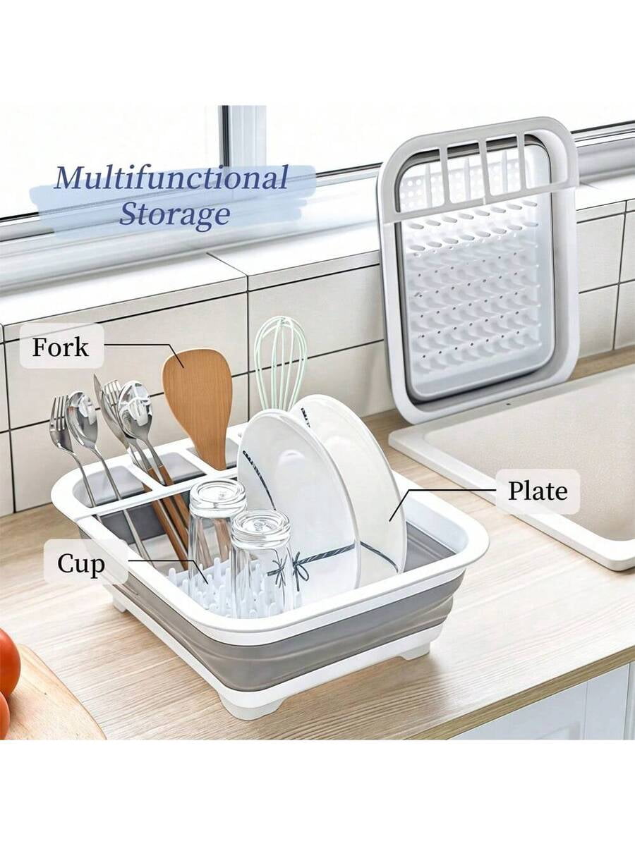 1pc Plastic Dish Rack, Collapsible Dish Drying Rack With Utensil Holder, Foldable Tableware Storage Rack, Kitchen Storage Basin, Space-Saving Sink Drainer For Home, RV