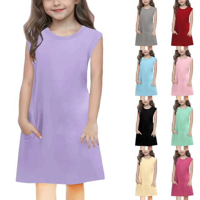 Milgrthf Robe d'Été Mini à Manches Flottantes pour Filles, Ample Plissée Mignonne Ligne A Col Rond Robes de Plage pour 0-6 Ans Rose Vif 2 Ans