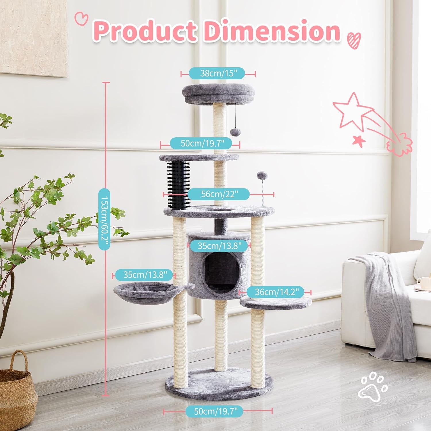 4 PETS Cat Tree for Indoor Cats, 60.2 inch Tall, 5-Level, Modern, Grey, Sisal Scratch Posts, Cat Condo with Hammock, Cat Tower for Large Breeds