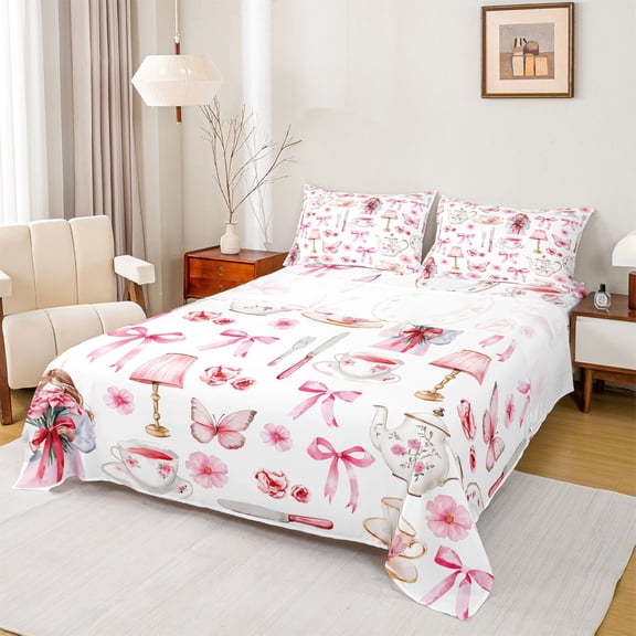jejeloiu Pink Bowtie Ribbon Twin Sheet Sets,Romantic Valentine Gifts Twin Fitted Sheet,Butterfly Flower Pattern Flat Sheet For Girls,Microfiber Bedroom Decor,3-Piece