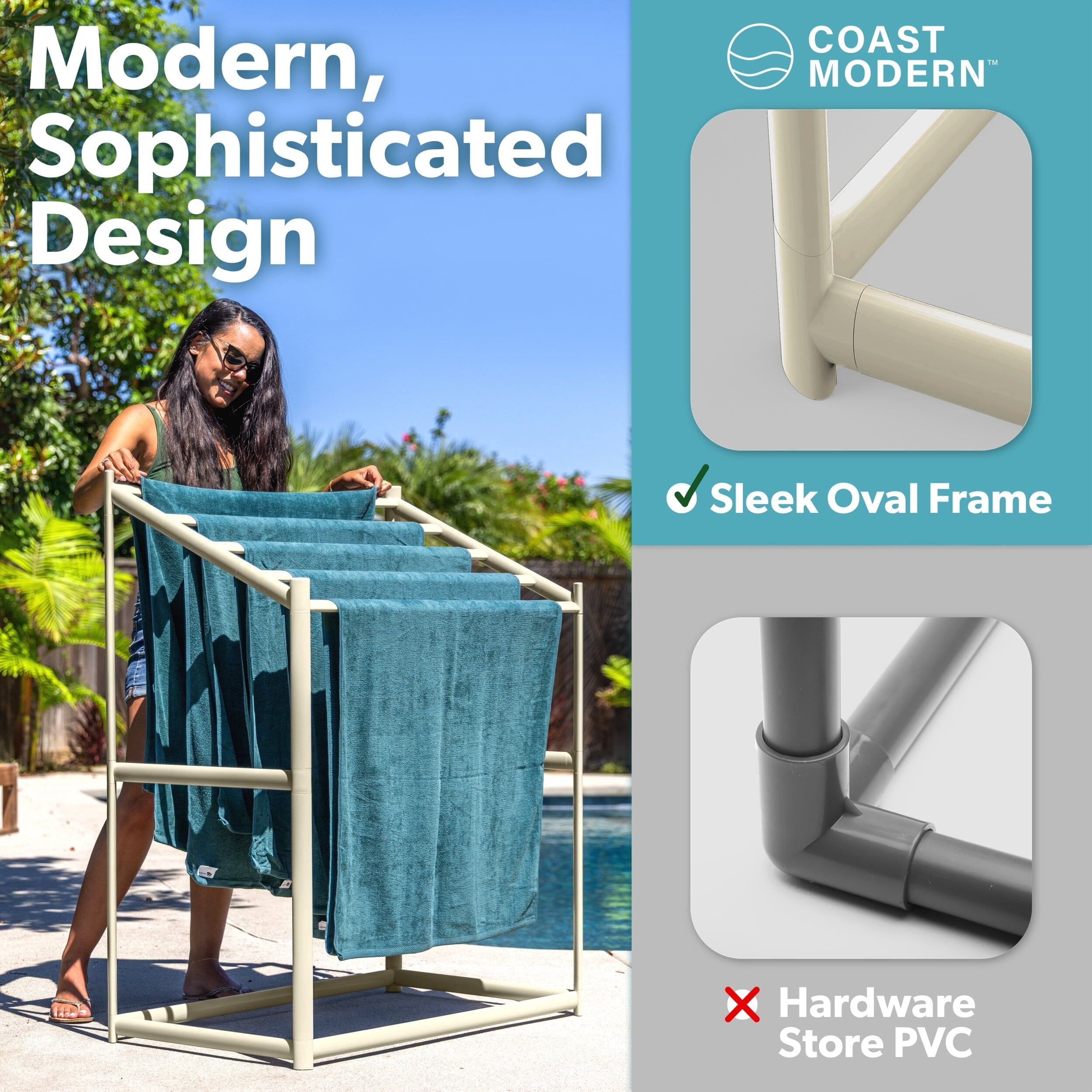 Coast Modern Pool Towel Rack – 5 Beach Towel PVC Drying Rack for Outdoor & Indoor Use - Sand