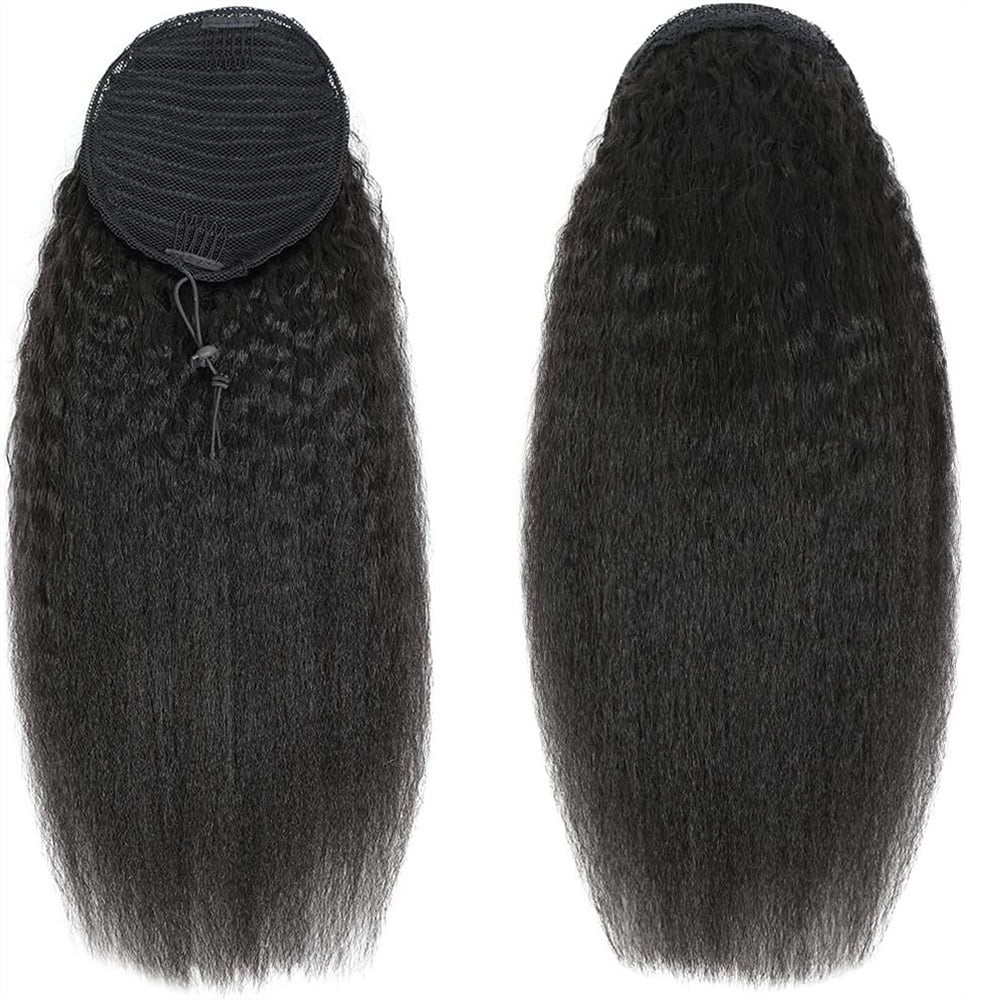 Human Hair Ponytail Clip in Hair Piece 10"-26" Kinky Straight Ponytail Extensions Remy Hair Yaki Straight Ponytail Hairpieces, Natural Black
