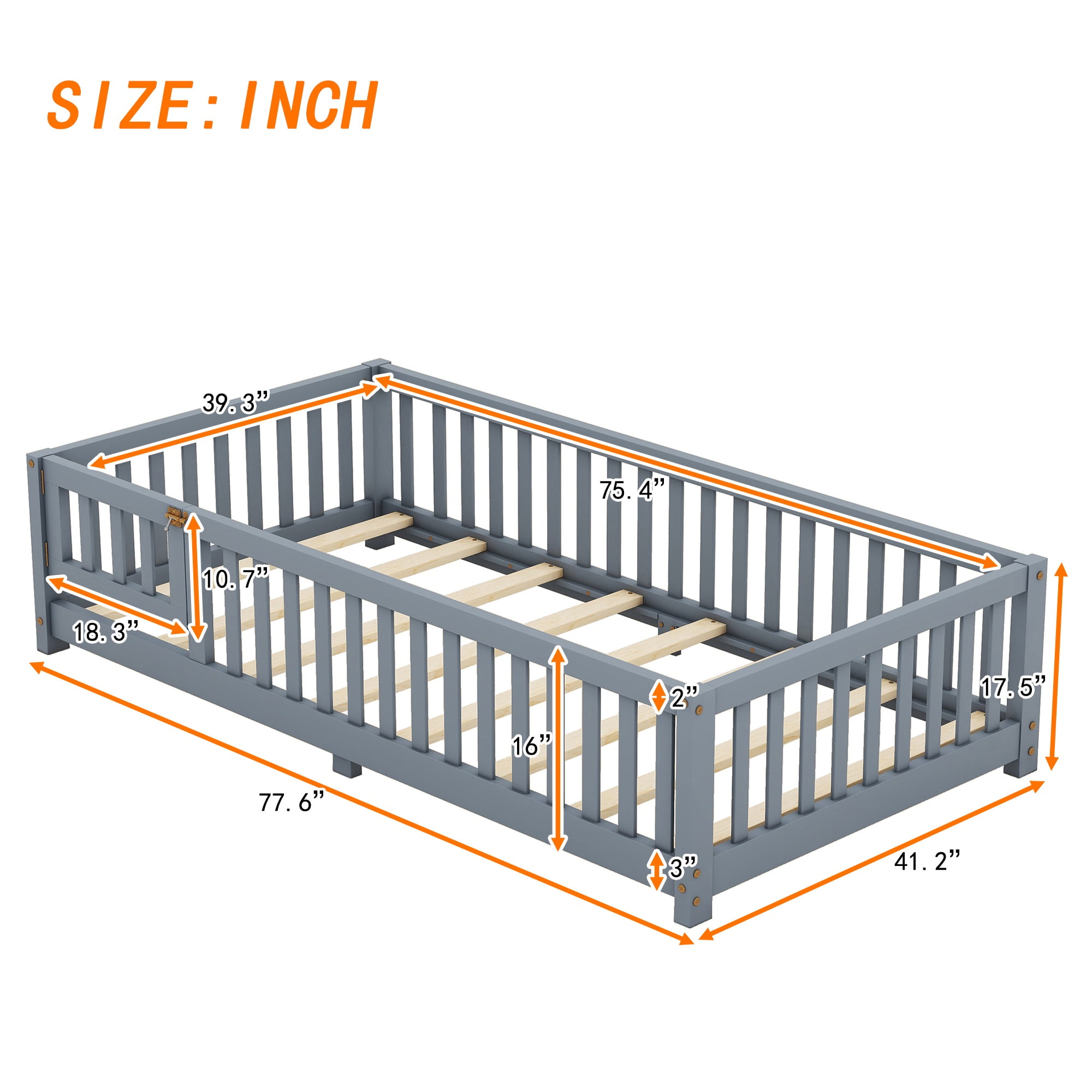 Floor Bed with Safety Rails & Fun Door, Low Profile Bed, Gray Solid Pine Wood, Easy Assembly,Twin Size