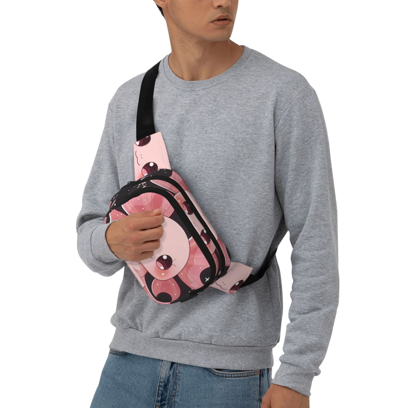 Fuzoiu Chibi Axolotl Sakura Fantasy Print Unisex Square Double Layer Waist Bag,Crossbody Fanny Pack Travel Workout Accessory