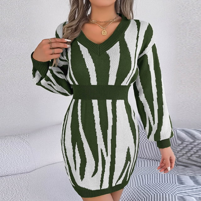 FcBaudy Robe à Manches Longues Col en V, Robes d'Été pour Femmes, Robes de Mode Décontractées à Manches Longues Col en V Imprimé pour Sorties