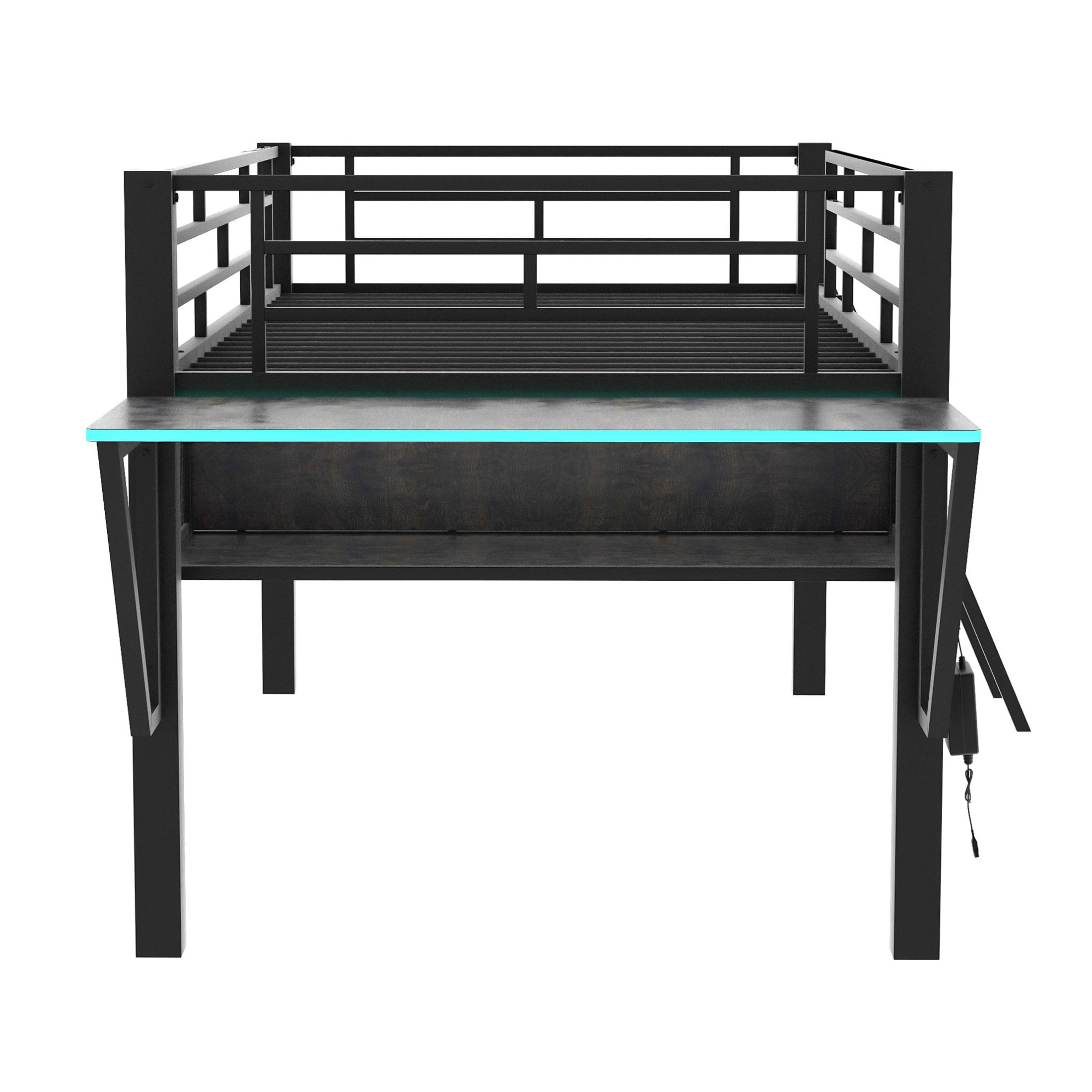 Noble House Twin Gaming Mid Loft Bed, Metal Frame with Desk and Customizable LED Lights, eSport-Inspired, Black