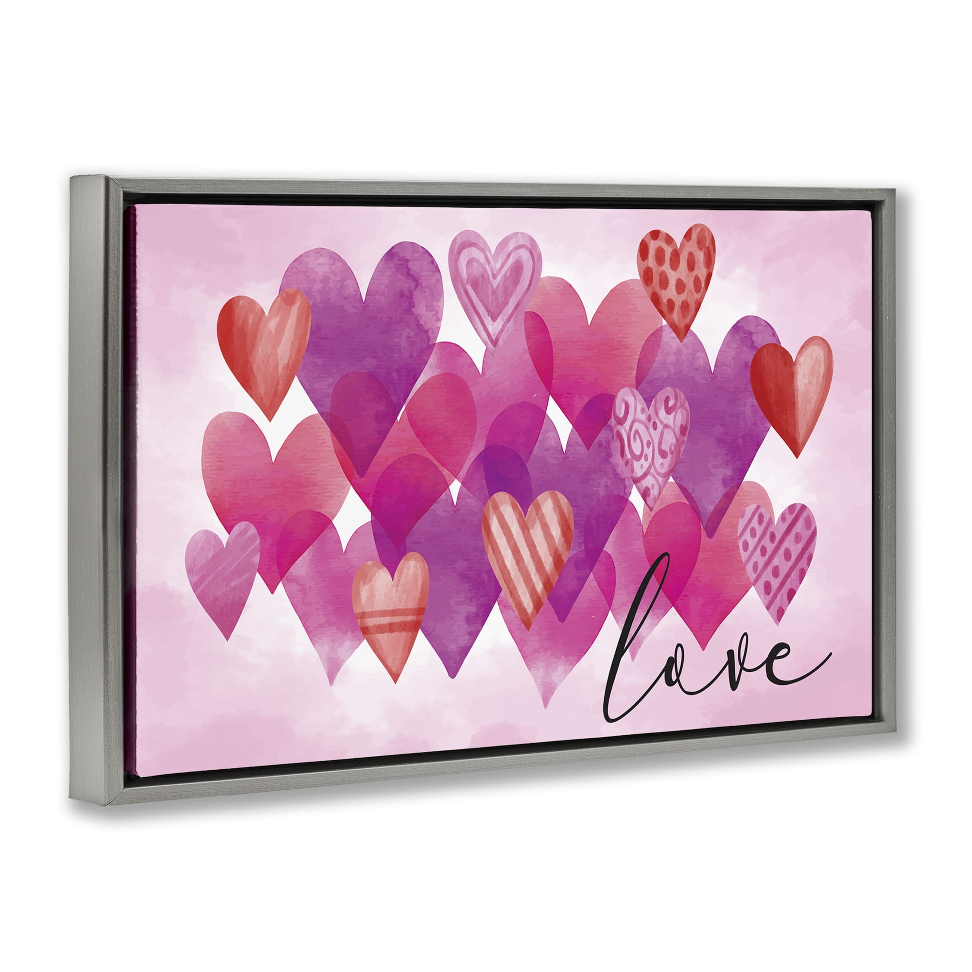 Stupell Industries Love with Layered Hearts Text & Numbers Painting Gray Floater Framed Canvas Art Print Wall Art, 25 x 17