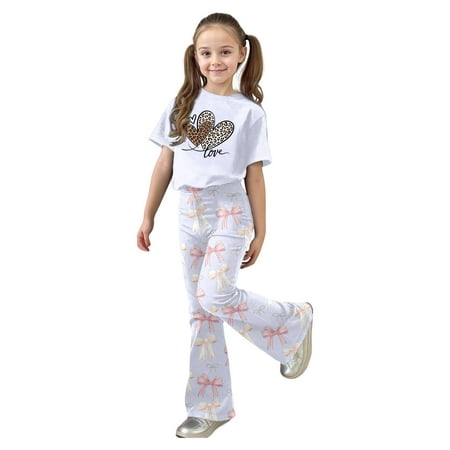 XIYON Girl Clothes Valentine s Day Cute Bow Heart Printed Short Sleeve Top With Flare Leg Pants Toddler 2 Piece Matching 9-10 Years