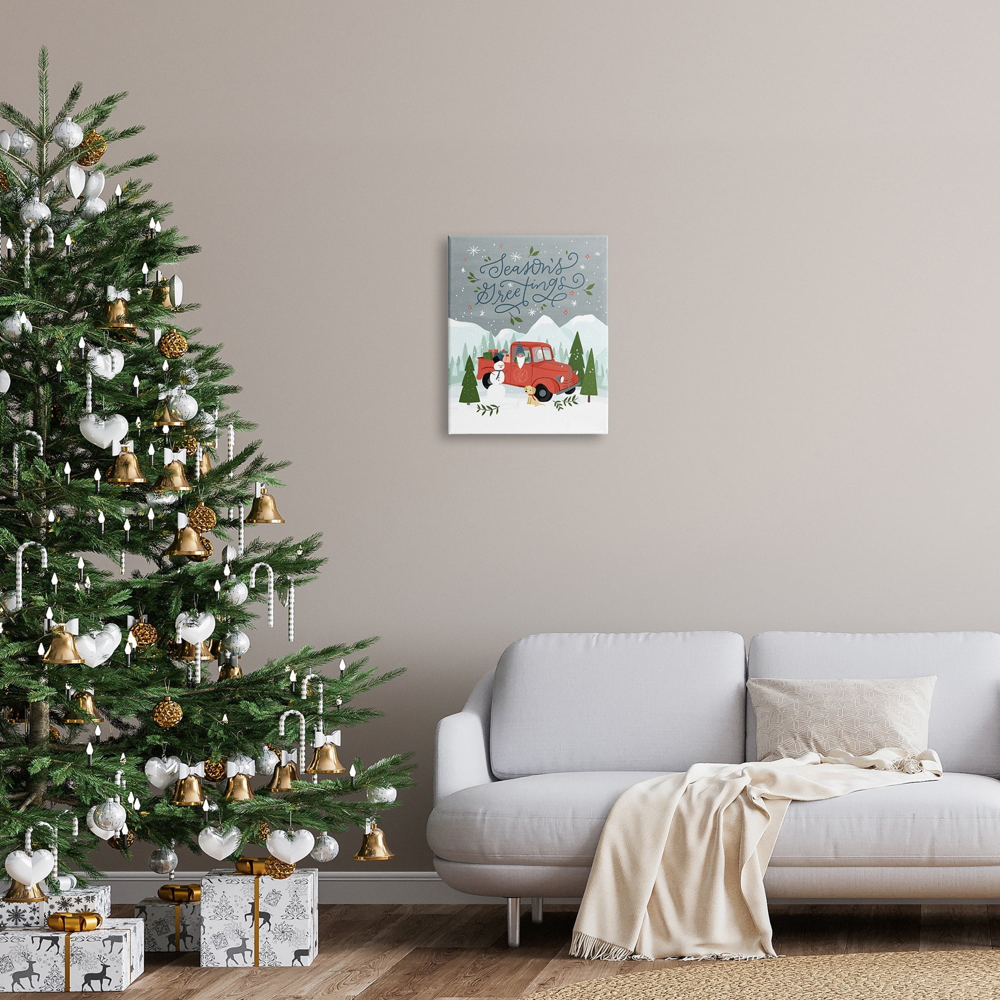 Season's Greetings Whimsical Snowman & Truck Illustration Transportation Graphic Art Gallery-Wrapped Canvas Print Wall Art