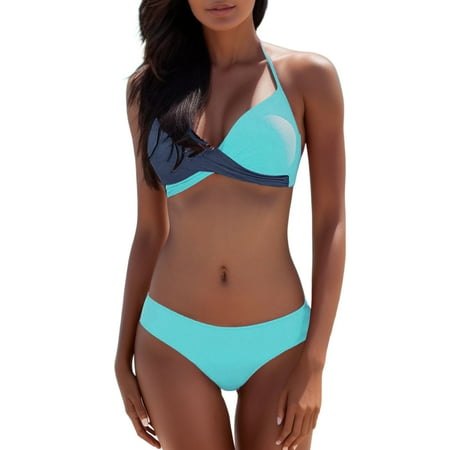 Womens Swimsuits Color Clashing Bra Beachwear Push Up Padded Bikini Set Blue Women Bathing Suits M