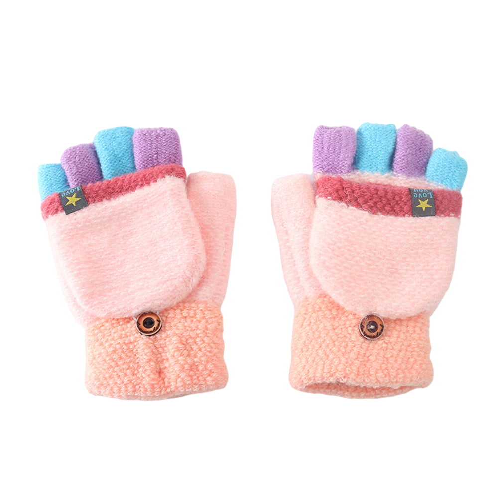 Kids Cute Striped Warm Winter Mittens Magic Stretch Knit Fingerless Gloves 