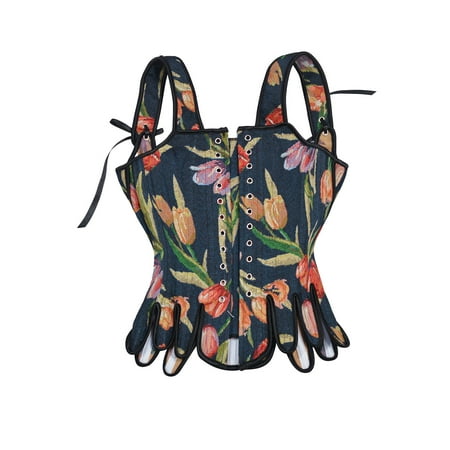 Women Vintage Floral Corset Top Renaissance Lace Up Underbust Bustier Vest Court Style Flower Embroidery Boned Overbust Rococo Cropped Tank Tops Clearance Elegant Baroque Corset Overbust Lingerie