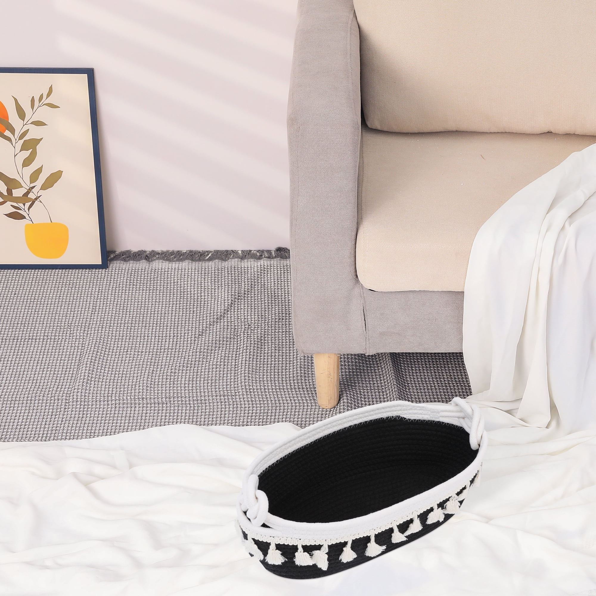 Unique Bargains Woven Storage Basket Solid Shelf Storage Bin Black 13.4*6.3*4.7in