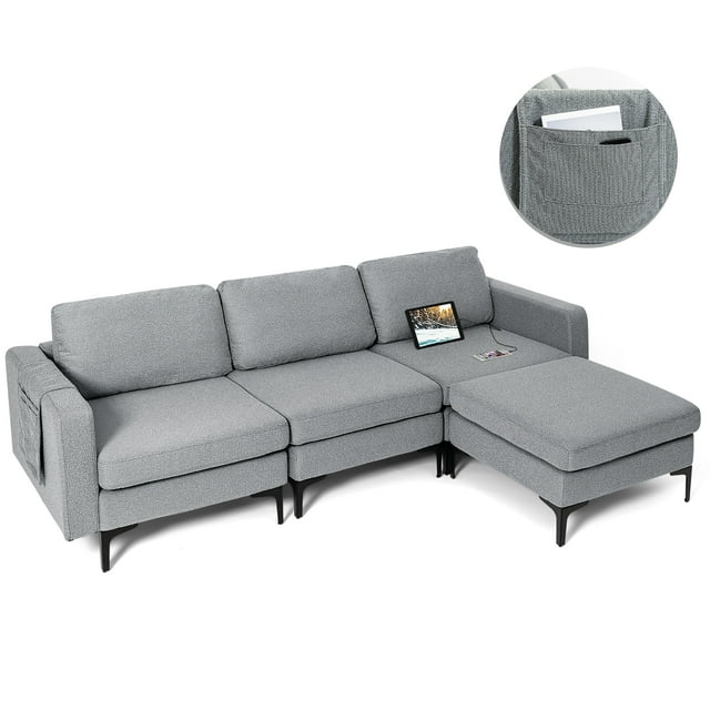 Costway Modular L-shaped Sectional Sofa w/ Reversible Chaise & 2 USB Ports Dark Grey