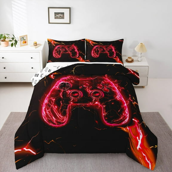 Manfei Red Gamepad Bedding Comforter Set,Modern Gamer Twin Comforter Sets,Kids Video Game Bedding Set,Ultra Soft Home Decor Reversible,2 Pieces
