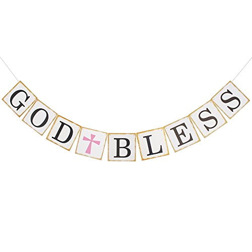 TD043 Communion Party Banner Burlap Banner for Christening Decorations Wedding First Communion Decorations Baby Shower Party God Bless Banner Baptism Decorations Pink 